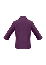 Ladies 3/4 sleeve shirt in grape, featuring breathable fabric, UPF protection, open neckline, and stylish curved hem.