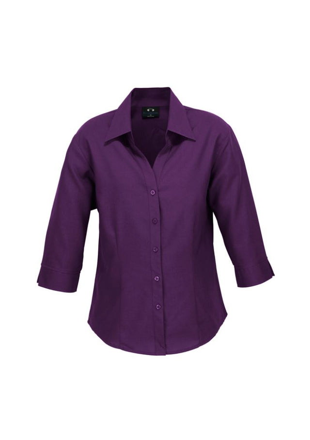 Ladies Grape Oasis 3/4 Sleeve Shirt in Size 10, crafted from breathable polyester with UPF for sun protection and stylish design.