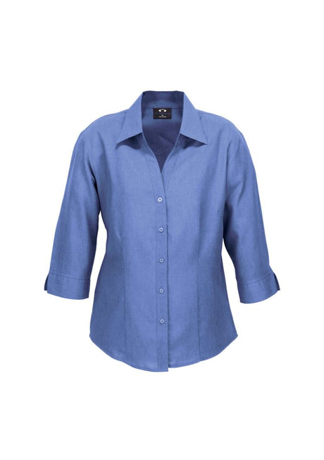 Mid blue 3/4 sleeve ladies shirt with open neckline, curved hem, and breathable fabric, size 24 by Biz Collection.