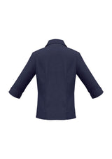 Ladies Navy 3/4 Sleeve Shirt in Size 18, featuring breathable fabric, UPF protection, and a stylish curved hem.