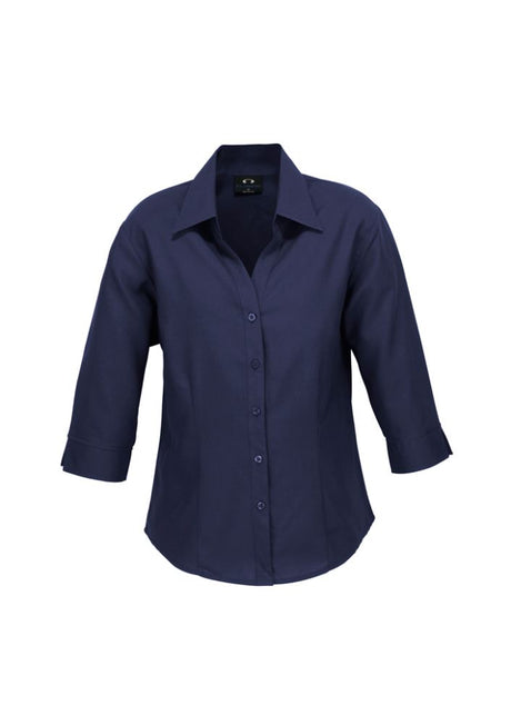 Navy ladies 3/4 sleeve shirt with open neckline, curved hem, UPF protection, and breathable fabric, size 6.