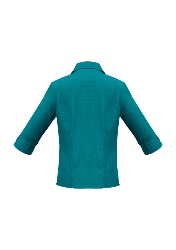 Teal 3/4 sleeve women's shirt with UPF protection, breathable fabric, open neckline, and stylish curved hem from Biz Collection.