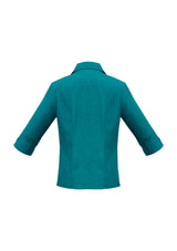Teal 3/4 sleeve women's shirt with UPF protection, breathable fabric, open neckline, and stylish curved hem from Biz Collection.