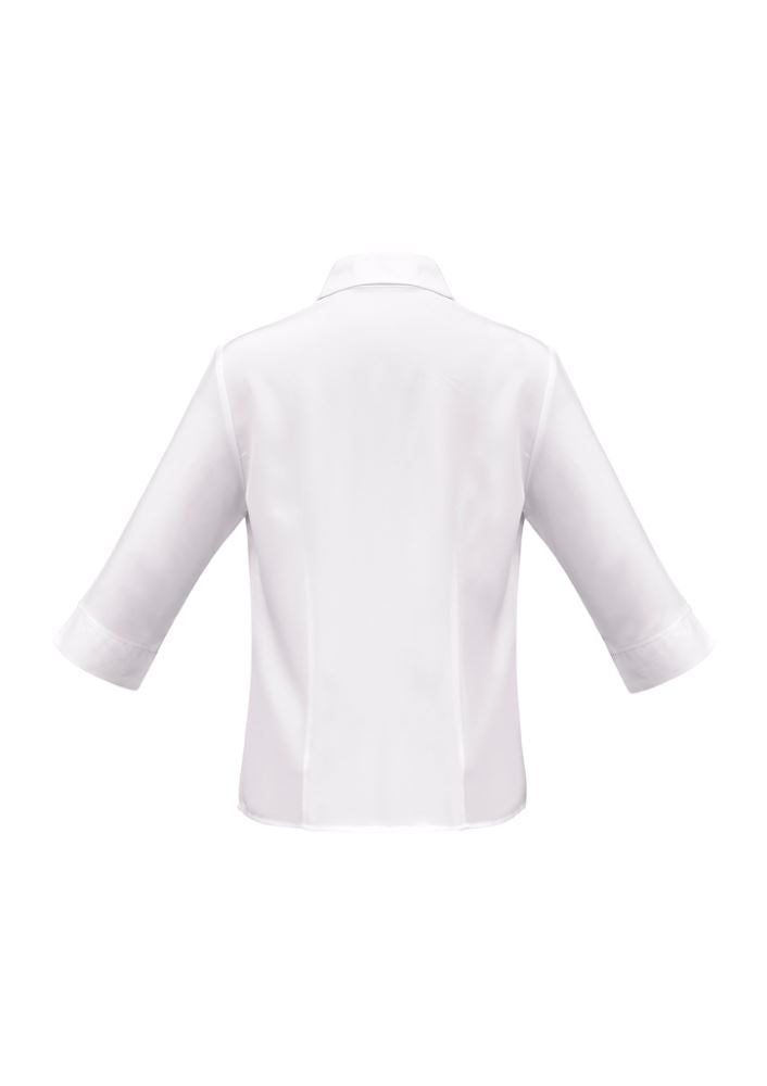 Ladies Plain Oasis 3/4 Sleeve Shirt in white, size 24, featuring breathable fabric, curved hem, and stylish open neckline.