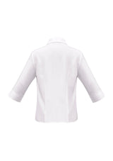 Ladies Plain Oasis 3/4 Sleeve Shirt in white, size 24, featuring breathable fabric, curved hem, and stylish open neckline.