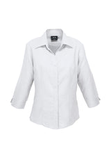 White 3/4 sleeve ladies shirt from Biz Collection, featuring UPF protection, breathable fabric, and a stylish open neckline.