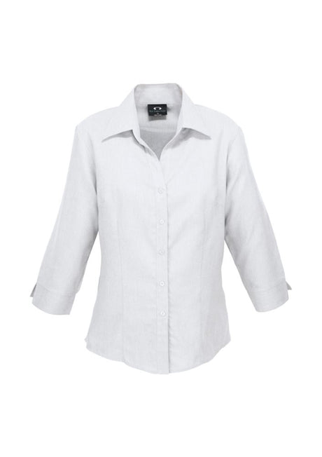 White 3/4 sleeve ladies shirt from Biz Collection, featuring UPF protection, breathable fabric, and a stylish open neckline.