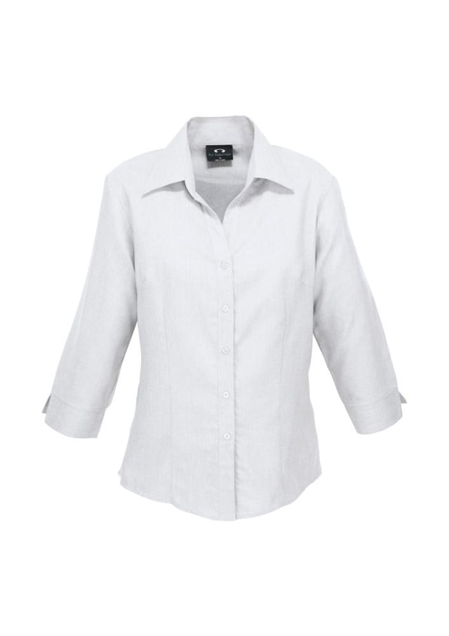 Ladies white 3/4 sleeve shirt in size 24, featuring breathable fabric, UPF protection, and versatile styling options.