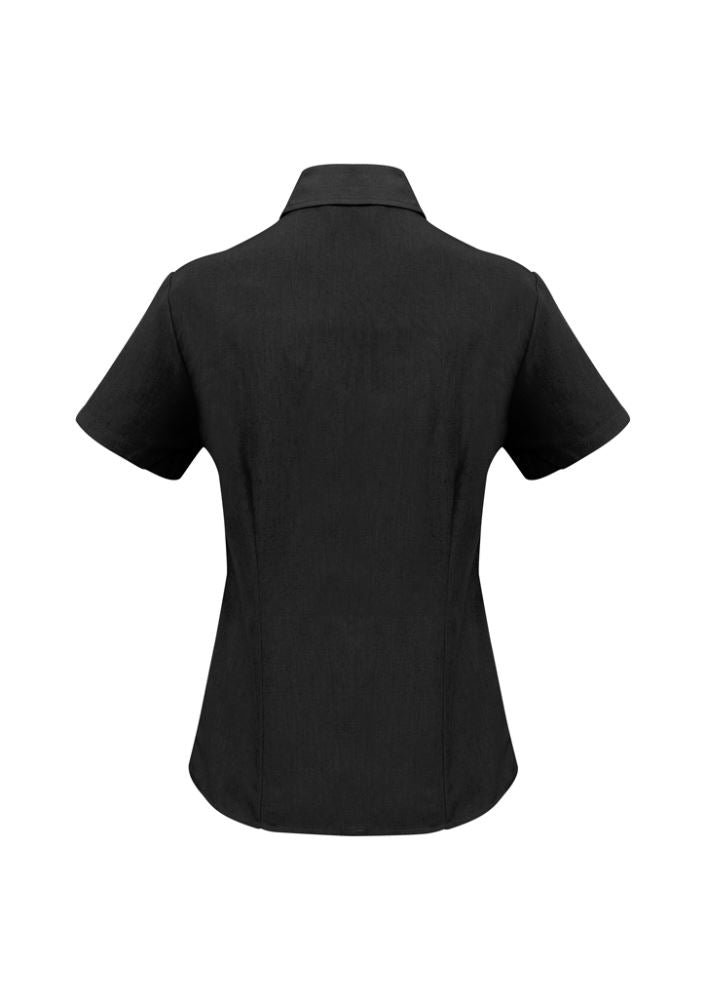 Ladies black short sleeve shirt in size 12, featuring UPF protection, breathable fabric, and a stylish curved hem.