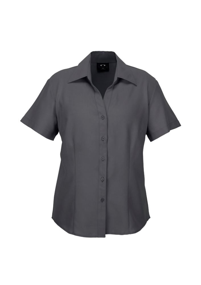 Charcoal short sleeve shirt for women, size 16, featuring an open neckline and breathable fabric for comfort and style.