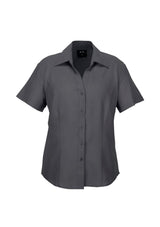 Charcoal short sleeve shirt for women, size 16, featuring an open neckline and breathable fabric for comfort and style.