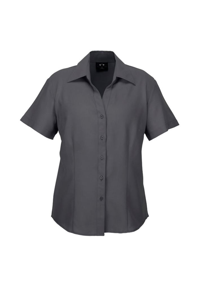 Charcoal short sleeve shirt for women, size 16, featuring an open neckline and breathable fabric for comfort and style.