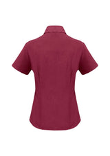 Ladies cherry short sleeve shirt, size 22, in breathable polyester fabric with tailored placket and curved hem for versatile styling.