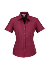 Ladies Cherry Short Sleeve Shirt, Size 26, features a breathable design, stylish curved hem, and UPF protection for sunny days.
