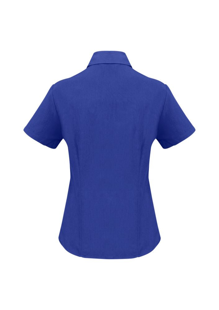 Electric blue short sleeve shirt for women, size 22, made from breathable polyester with curved hem and open neckline.