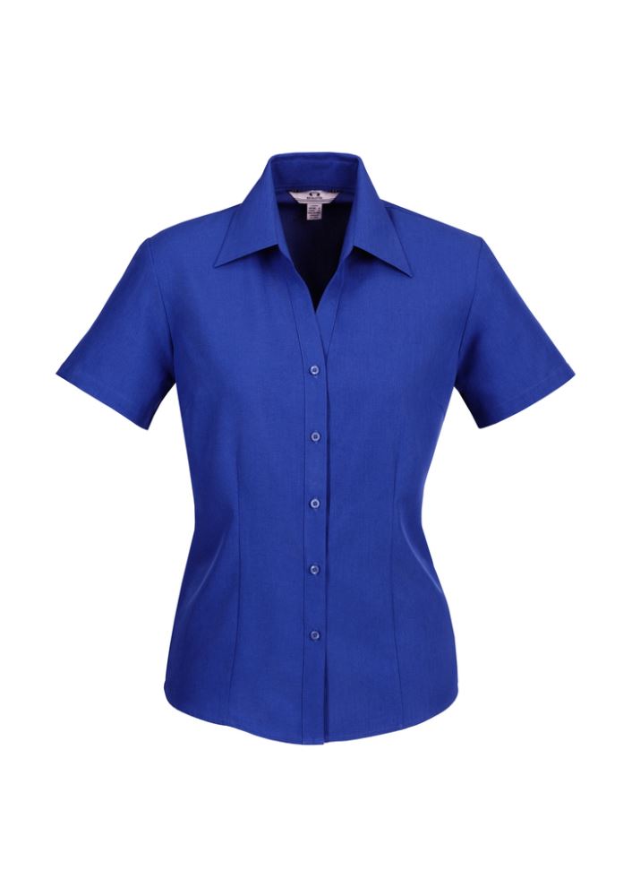Electric blue ladies short sleeve shirt, size 26, featuring breathable fabric and stylish open neckline; perfect for any occasion.