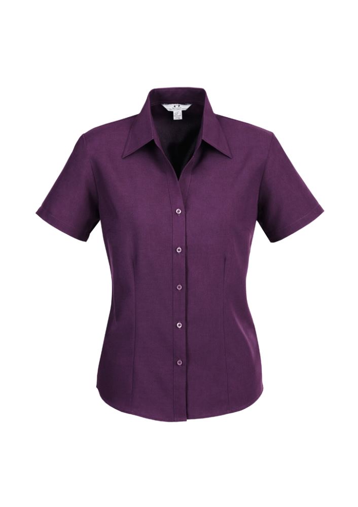 Ladies Grape Short Sleeve Shirt from Biz Collection, featuring breathable fabric, open neckline, and curved hem for stylish versatility.