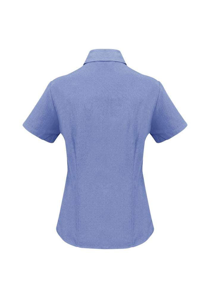 Ladies Mid Blue short sleeve shirt, size 22, in breathable polyester with UPF, featuring an open neckline and curved hem.