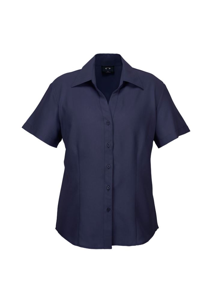 Navy short sleeve shirt for women, size 6, crafted from breathable polyester with stylish open neckline and curved hem.