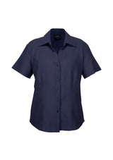 Navy short sleeve shirt for women, size 6, crafted from breathable polyester with stylish open neckline and curved hem.