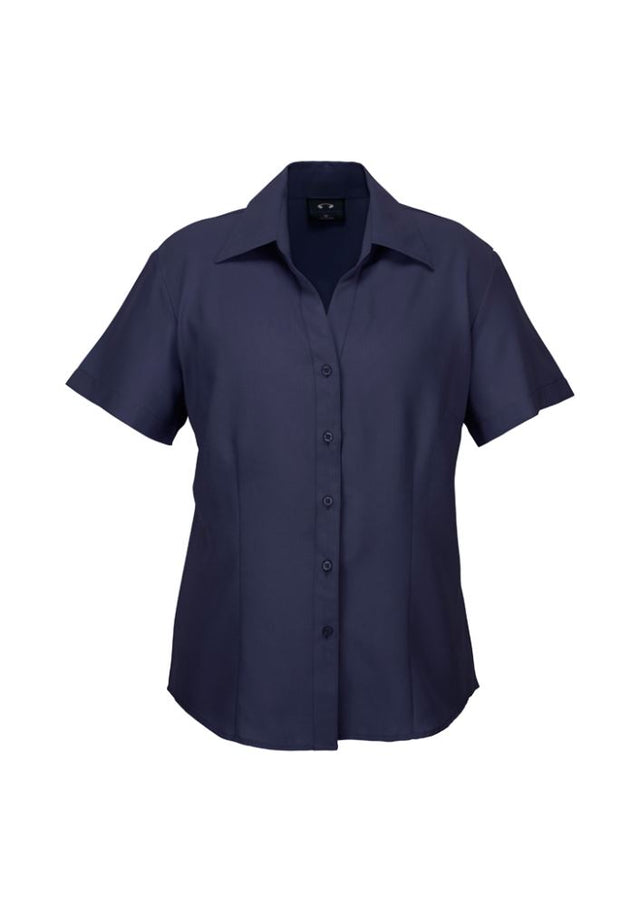 Navy short sleeve shirt for women, size 6, crafted from breathable polyester with stylish open neckline and curved hem.