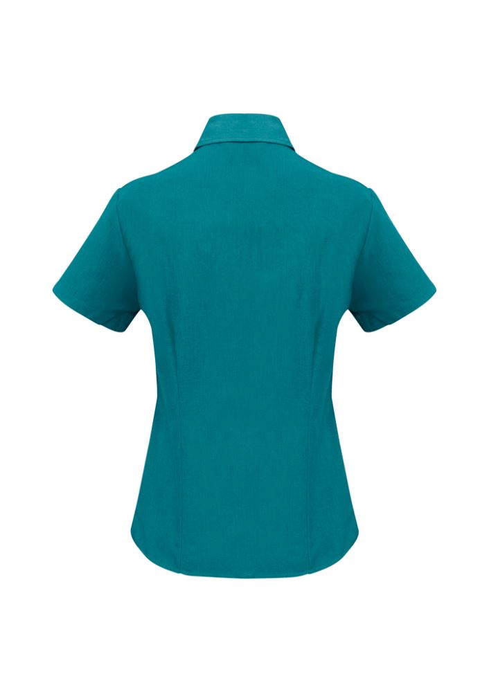 Teal short sleeve shirt for women, size 18, made from breathable polyester with UPF sun protection and stylish curved hem.