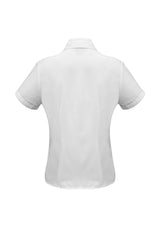 Ladies plain white short sleeve shirt, size 20, made from breathable polyester with UPF protection and stylish curved hemline.