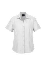 Ladies short sleeve white shirt, size 20, in breathable polyester with UPF protection, perfect for casual and formal occasions.