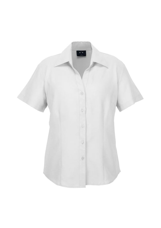 Ladies short sleeve white shirt, size 20, in breathable polyester with UPF protection, perfect for casual and formal occasions.