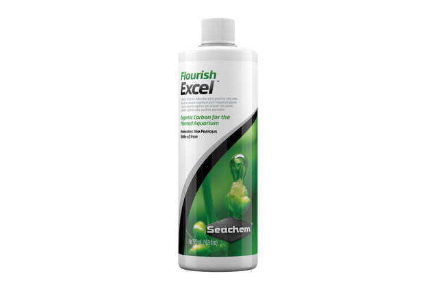 Seachem Flourish Excel 500mL bottle, a key organic carbon source for vibrant aquatic plant growth and health.