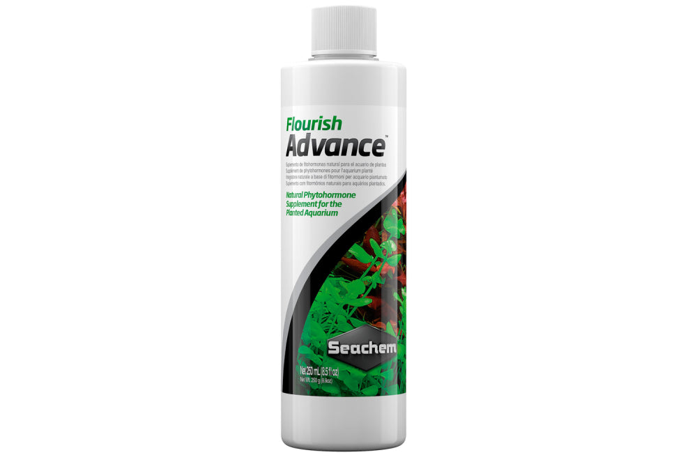 Flourish Advance 250mL by Seachem, a potent growth enhancer for vibrant aquatic plants, supports robust root and shoot development.