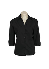 Ladies Metro 3/4 Sleeve Shirt in black, size 12, featuring a stylish open neckline and cuffed sleeves for versatile wear.