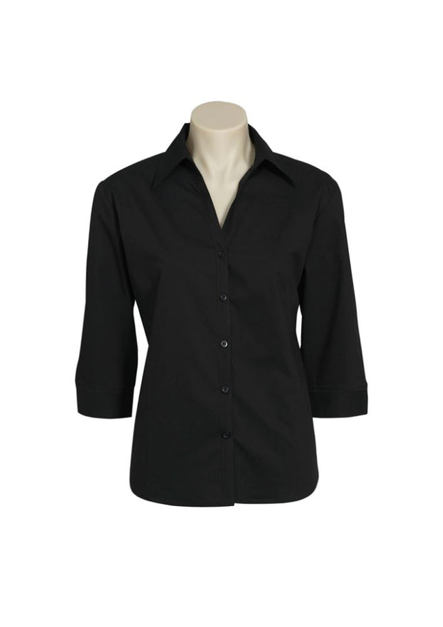 Ladies Metro 3/4 Sleeve Shirt in black, size 12, featuring a stylish open neckline and cuffed sleeves for versatile wear.