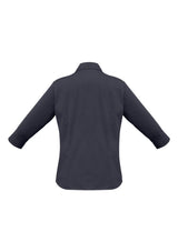 Charcoal 3/4 sleeve shirt for women, size 12, featuring a stylish open neckline and curved hem, ideal for versatile wear.