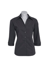 Charcoal Ladies Metro 3/4 sleeve shirt, size 10, featuring cuffed sleeves, open neckline, and a flattering curved hemline.