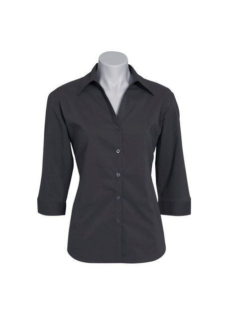 Ladies Metro 3/4 Sleeve Shirt in Charcoal, stylish open neckline, cuffed sleeves, and breathable fabric for comfort and elegance.