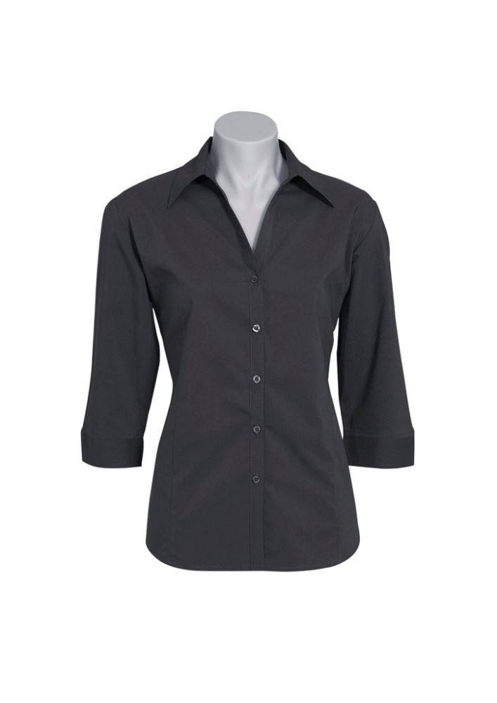 Charcoal 3/4 sleeve shirt for ladies, size 24, featuring a slim placket, cuffed sleeves, and a stylish curved hemline.