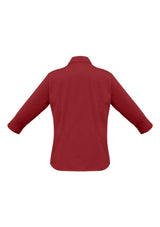 Ladies Metro 3/4 Sleeve Shirt in Cherry, Size 10, stylish open neckline, cuffed sleeves, chic curved hemline, UPF protection.