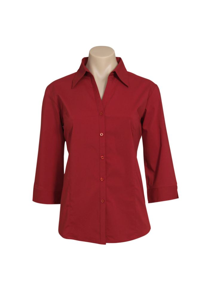 3/4 sleeve cherry blouse for women with a flattering neckline, cuffed sleeves, and UPF protection, perfect for various occasions.