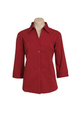 Ladies Metro 3/4 Sleeve Shirt in Cherry, Size 14, featuring a stylish open neckline, cuffed sleeves, and curved hemline.