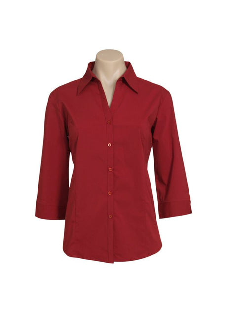 Ladies Metro 3/4 Sleeve Shirt in Cherry, Size 14, featuring a stylish open neckline, cuffed sleeves, and curved hemline.