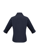 Chic navy women's 3/4 sleeve shirt with open neckline, cuffed sleeves, and a flattering fit, made from a breathable fabric blend.