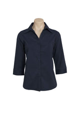 Navy 3/4 sleeve shirt for women by Biz Collection, featuring a slimline placket, cuffed sleeves, and a flattering fit.