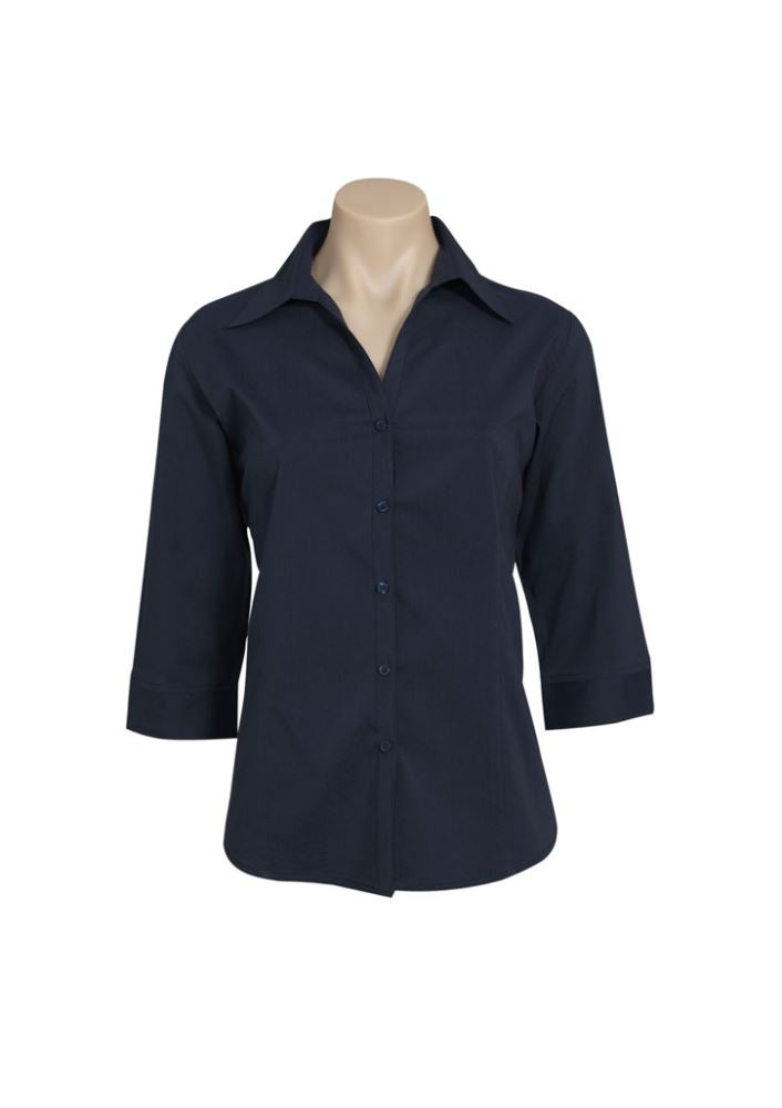 Ladies Navy 3/4 Sleeve Shirt, size 26, featuring cuffed sleeves, curved hem, and UPF sun protection for comfort and style.