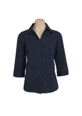 Ladies Navy 3/4 Sleeve Shirt, size 26, featuring cuffed sleeves, curved hem, and UPF sun protection for comfort and style.