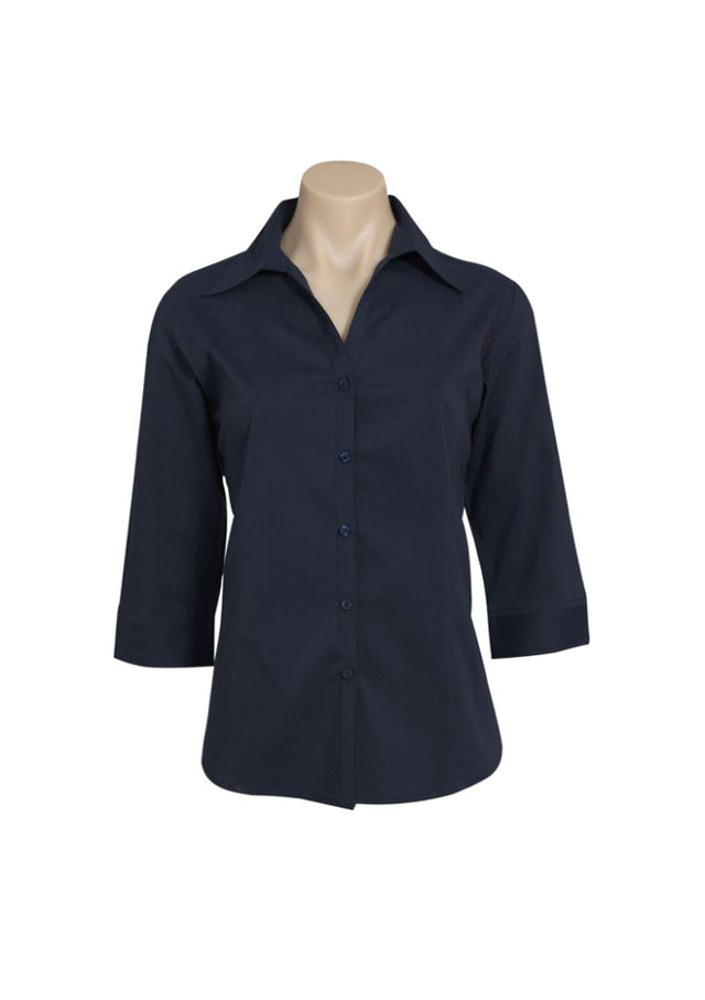 Ladies Navy 3/4 Sleeve Shirt, size 26, featuring cuffed sleeves, curved hem, and UPF sun protection for comfort and style.