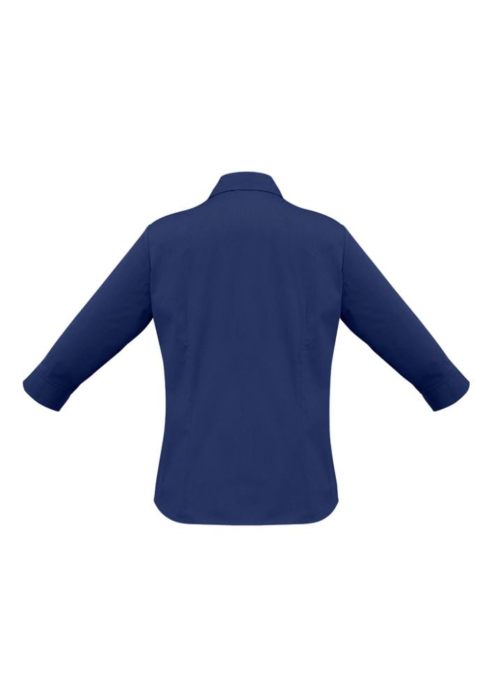 Royal blue 3/4 sleeve shirt for women, featuring an open neckline, cuffed sleeves, and UPF protection, size 16.