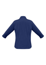 Royal blue 3/4 sleeve shirt for women, featuring an open neckline, cuffed sleeves, and UPF protection, size 16.