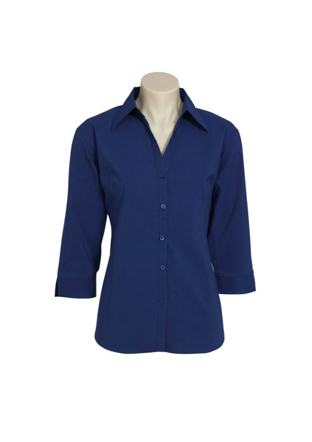 Ladies Metro 3/4 Sleeve Shirt in royal blue, size 10, featuring an open neckline, cuffed sleeves, and a flattering curved hemline.