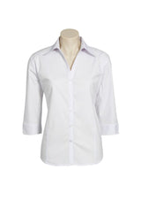 Ladies Metro 3/4 Sleeve Shirt in white, size 10, featuring breathable fabric, stylish design, and good UPF protection.